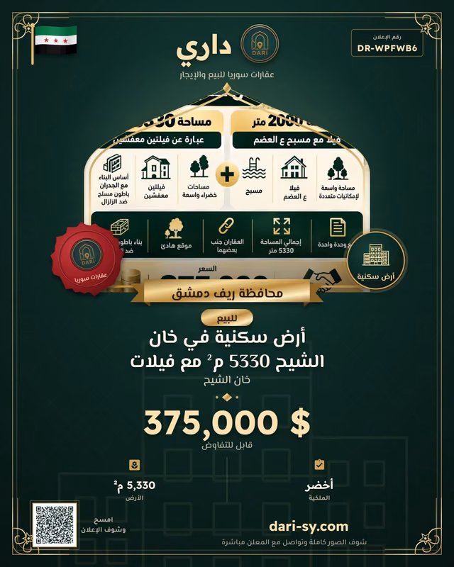أرض سكنية في خان الشيح 5330 م² مع فيلات